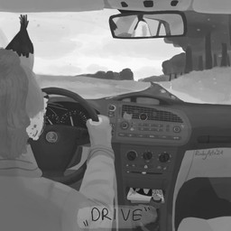 anthro car driving_car ear_tuft hair hand_on_steering_wheel inside_vehicle long_hair male rear_view reflection solo tuft vehicle ricky_arts general_motors pearl_jam saab felid feline humanoid lynx mammal 1:1 2024 black_and_white monochrome