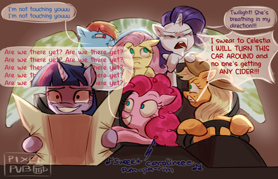 car dialogue driving eyelashes female female/female feral freckled_face freckles group long_eyelashes map road_trip singing text vehicle pixelpub friendship_is_magic hasbro my_little_pony applejack_(mlp) fluttershy_(mlp) pinkie_pie_(mlp) rainbow_dash_(mlp) rarity_(mlp) twilight_sparkle_(mlp) english_text