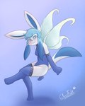 anthro armwear atlus blue_armwear blue_body blue_clothing blue_fur blue_gloves blue_hair blue_handwear blue_legwear blue_leotard blue_stockings blue_thigh_highs blush body_blush breasts clothed clothing cosplay crossover crossover_cosplay eeveelution elbow_gloves female fur generation_4_pokemon glacefrostbite glaceon gloves hair handwear hi_res humanoid insect_wings legwear leotard mammal megami_tensei nintendo paws pixie_(megami_tensei) pokemon pokemon_(species) sega simple_background smile solo stockings tail thick_thighs thigh_highs wings