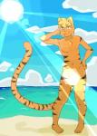 anthro athletic beach cloud convenient_censorship detailed_background fur hair light light_beam male muscular muscular_anthro navel nude outside pecs sand sea seaside sky smile solo sunbeam sunlight water htodinth felid mammal pantherine tiger 2015 censored hi_res