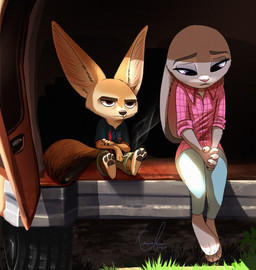 anthro barefoot brown_eyes cheek_tuft cigarette claws clothed clothing duo ears_down embarrassed facial_tuft feet female fully_clothed fur grass grey_body grey_fur inner_ear_fluff larger_female light male medium_truck outside pawpads pivoted_ears plant purple_eyes sad sitting size_difference smaller_male tan_body tan_fur truck tuft van vehicle relaxablefur disney zootopia finnick_(zootopia) judy_hopps canid canine fennec_fox fox lagomorph leporid mammal rabbit true_fox 2020 hi_res lighting signature