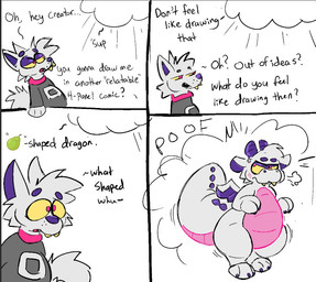 angry anthro black_text blush clothing cloud cross-popping_vein dialogue duo food fruit fur grey_body grey_clothing grey_fur grey_scales grey_sweater grey_topwear half-closed_eyes male narrowed_eyes offscreen_character open_mouth pear pink_body pink_clothing pink_eyes pink_scales pink_shirt pink_topwear plant purple_body purple_nose purple_scales scales shirt simple_background sound_effects sweater teeth teeth_showing text tongue_showing topwear transformation white_background yellow_sclera yellow_teeth lunchgunk mythology lunchgunk_(character) canid canine dragon mammal mythological_creature mythological_scalie scalie comic