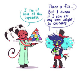 aged_down anthro blue_body blue_clothing blue_feathers blue_shirt blue_topwear bodily_fluids bottomwear clothing clown_costume cupcake dialogue duo eyes_closed feather_hair feathers food frosting green_onesie hat headgear headwear holding_cupcake holding_food holding_object holding_plate horn male onesie plate pseudo_hair red_body red_bottomwear red_clothing red_shorts red_skin shirt shorts simple_background spade_tail striped_horn stripes sweat tail tail_feathers text top_hat topwear white_background young norithelord hellaverse helluva_boss asmodeus_(helluva_boss) fizzarolli_(helluva_boss) avian avian_demon bird chicken demon galliform humanoid imp phasianid 2022 artist_name english_text hi_res watermark