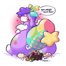 alternate_form ambiguous_gender antennae_(anatomy) anthro blush curly_hair dialogue dragon_plushie duo facesitting feathered_wings feathers floppy_ears hair hand_on_butt heart_eyes heart_symbol horn lidded_eyes looking_back lying on_back open_mouth overweight paws plushie plushie_tag raised_tail sitting sitting_on_another size_difference speech_bubble star_tipped_tail tail thick_tail wings macaronichewtoyz mythology macaroni_(macaronichewtoyz) scout_(macaronichewtoyz) animate_inanimate canid canine canis domestic_dog dragon mammal mythological_creature mythological_scalie scalie 1:1 digital_media_(artwork) hi_res nonbinary_(lore) trans_(lore)
