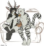 anthro antlers black_hair black_nose black_stripes brown_eyes container cookie cookie_jar duo eye_scar facial_scar food fur furniture grey_body grey_fur hair horn jar male male/male markings neck_tuft nude nude_anthro nude_male null_bulge orange_eyes paws plantigrade safe_nudity scar sofa striped_markings striped_tail stripes tail tail_markings tuft white_body white_fur mike- ra'deer cervine deer felid feline mammal pantherine tiger 2016 hi_res sketch