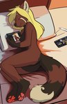 ailurid anthro bed blonde_hair breasts brown_body cellphone droste_effect electronics eyes_closed female furniture hair hi_res lumina-panda lumina_(lumina-panda) lying mammal nipples nude on_side phone pillow red_panda sleeping smile solo tablet