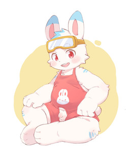 anthro balls blush casual_exposure clothing crotch_cutout crotchless_clothing cutout eyewear eyewear_on_head flaccid foreskin fur genitals goggles goggles_on_head ineffective_clothing looking_at_viewer male nipples overalls overalls_only penis red_eyes simple_background sitting slightly_chubby small_penis smile solo white_body white_fur young young_anthro young_male lang_yus lagomorph leporid mammal rabbit colored hi_res