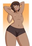 anthro bottomwear brown_body bulge clothed clothing femboy fur hair hands_behind_head long_ears male navel nipples simple_background solo topless topless_anthro topless_male underwear yellow_eyes flyingtrace jessie_(flyingtrace) lagomorph leporid mammal rabbit 2025 digital_media_(artwork) hi_res shaded signature
