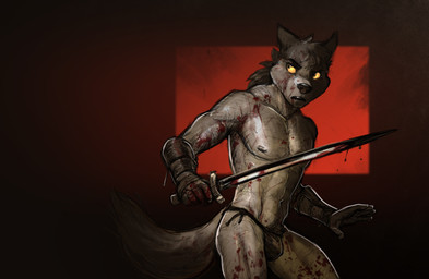 5_fingers anthro armor athletic athletic_anthro athletic_male black_nose blood bodily_fluids bottomwear clothed clothed_anthro clothed_male clothing fingers fur gladiator grey_body grey_fur hair humanoid_hands loincloth male melee_weapon navel nipples skimpy solo sword tail topless topless_anthro topless_male vambrace warrior weapon yellow_sclera marsonaut canid canine canis mammal wolf 2025 digital_media_(artwork) hi_res