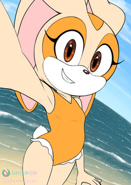 anthro beach biped black_nose breasts clothed clothing countershade_face countershade_fur countershading day dipstick_ears ear_markings eye_markings female floppy_ears front_view fur holding_viewer loli looking_at_viewer lop_ears markings multicolored_body multicolored_ears one-piece_swimsuit orange_clothing orange_markings orange_swimwear outside pose scut_tail selfie short_tail small_breasts smile solo standing swimwear tail tan_body tan_fur text two_tone_body water white_body white_countershading white_fur young young_anthro young_female mikitng sega sonic_the_hedgehog_(series) subscribestar cream_the_rabbit lagomorph leporid mammal rabbit 2025 artist_name colored digital_drawing_(artwork) digital_media_(artwork) signature