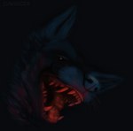 creepy_smile fur grey_body grey_fur male noise open_mouth red_eyes simple_background smile solo tongue davias00 canid canine canis coyote mammal digital_media_(artwork) headshot_portrait hi_res portrait