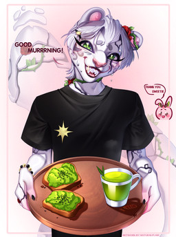 accessory anthro avocado beverage black_clothing black_shirt black_t-shirt black_topwear blush bodily_fluids bottomwear bracelet bread breakfast candy claws clothed clothing cracks dessert dialogue fingers flower flower_in_hair food fruit fur fur_markings green_eyes green_tea_(beverage) hair hair_accessory holding_food holding_object inner_ear_fluff jewelry leaf looking_at_viewer male markings multicolored_body open_mouth plant raised_tail rose_(flower) shirt simple_background smile smiling_at_viewer solo spots sweat t-shirt tail teeth text toast tongue topwear tuft white_body white_fur white_hair natural_plaid felid feline leopard mammal pantherine snow_leopard 2025 absurd_res colored digital_drawing_(artwork) digital_media_(artwork) digital_painting_(artwork) english_text hi_res painting_(artwork) shaded watermark