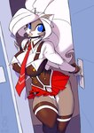 anthro black_body black_fur blue_eyes bottomwear clothed clothing cosplay door doorway female fully_clothed fur hair legwear looking_at_viewer miniskirt necktie school_uniform skirt solo suspenders thigh_highs topwear uniform vest white_body white_fur white_hair conditional_dnp jollyjack bible_black chloe_sinclaire mammal mephitid skunk 2022