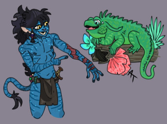6_legs ambiguous_gender anthro arm_scar biped black_hair black_tail blonde_hair blue_body blue_ears blue_tail bottomwear clothing duo feral gesture green_body green_scales green_tail hair hand_gesture loincloth markings pointing pointing_at_self scales scar smile striped_body striped_markings striped_tail stripes tail tail_markings domadordedinoss james_cameron's_avatar leo_(film) leo_(leo) alien animal_humanoid humanoid na'vi reptile scalie tuatara 2023
