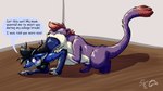 16:9 anthro anthro_pred anthro_prey biped blitzstoat_(gyro) blue_eyes countershading dragon duo english_text female female_prey gyrotech hi_res horn male male_pred mammal markings mustelid musteline mythological_creature mythological_scalie mythology neck_bulge oral_vore paws purple_body red_markings same_size_pred scalie silent_e stoat tan_body text true_musteline vore weasel widescreen