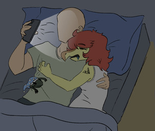 5_fingers anthro bald bed bodily_fluids clothing cuddling drooling duo eyelashes eyes_closed female female_on_human fingers furniture green_clothing green_shirt green_t-shirt green_topwear hair human_on_anthro inside interspecies light-skinned_male light_body light_skin male male/female male_on_anthro on_bed red_hair saliva scales shirt sleeping sleeping_together snout t-shirt topwear yellow_body yellow_scales jacket_ignites third-party_edit cavemanon_studios puppet_pals snoot_game anon_(snoot_game) schizo_chan_(snoot_game) compsognathid compsognathus dinosaur human mammal prehistoric_species reptile saurischian scalie theropod 2025 color_edit colored digital_drawing_(artwork) digital_media_(artwork) hi_res