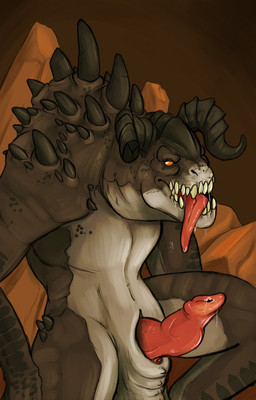 animal_genitalia animal_penis bodily_fluids drooling erection feral genital_fluids genital_slit genitals horn looking_at_viewer male penis precum saliva scales semi-anthro solo spikes teeth tongue tongue_out finalroar fallout microsoft deathclaw scalie hi_res