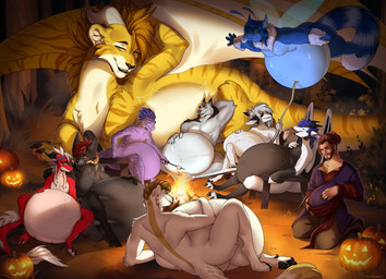 anthro belly big_belly black_horn female group holidays horn male vore white_horn wings cmitchell halloween hellaverse helluva_boss mythology aahmes_(garmr89) loona_(helluva_boss) dragon felid human humanoid lion mammal mustelid musteline mythological_creature mythological_scalie pantherine reptile scalie snake true_musteline weasel 2025 character_request digital_media_(artwork)