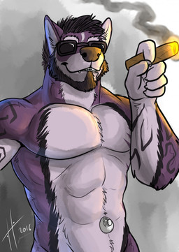 abs anthro beard black_beard black_facial_hair black_hair black_markings cigar eyewear facial_hair fangs front_view fur grin hair holding_cigar holding_object inflatable male male_anthro markings muscular muscular_anthro muscular_male nude obscured_eyes pecs purple_body purple_fur short_hair smile smoke solo standing sunglasses teeth white_body white_fur hufnaar animate_inanimate canid canine living_inflatable mammal 2016 dated half-length_portrait hi_res portrait signature