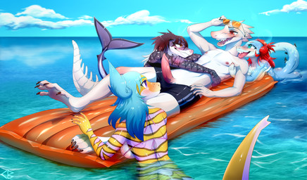 albino anthro anthro_on_anthro assertive_female beach bikini blue_body blue_eyes blue_hair breasts clothed clothing day erection eyewear female fur genitals group hair inflatable male male/female nipples non-mammal_nipples orange_eyes outside penis public purple_body purple_eyes red_eyes red_hair sea seaside sky summer sun swimwear tuft two-piece_swimsuit water white_body yellow_body codyblue-731 aquatic crocodile crocodilian fish reptile scalie shark absurd_res hi_res watermark