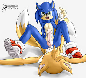 anal anal_penetration anthro anus balls big_penis blue_body clothing cowgirl_position duo erection footwear from_front_position genitals green_eyes humanoid_genitalia humanoid_penis looking_at_viewer lying male male/male male_on_bottom male_on_top male_penetrated male_penetrating male_penetrating_male multi_tail nude on_back on_bottom on_top open_mouth penetration penis sex shoes simple_background spread_legs spreading straddling tail white_background arashidrgn sega sonic_the_hedgehog_(series) miles_prower sonic_the_hedgehog canid canine eulipotyphlan fox hedgehog mammal