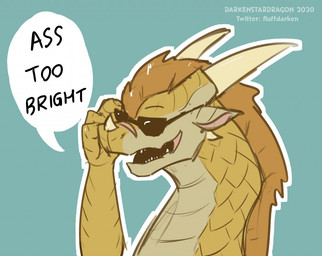 ambiguous_gender brown_body brown_scales claws countershade_neck countershading dialogue eyewear facial_scar feral finger_claws long_neck nose_spike open_mouth open_smile profanity scales scar sharp_teeth smile snout solo speech_bubble sunglasses teeth text darkenstardragon mythology wings_of_fire qibli_(wof) dragon mythological_creature mythological_scalie sandwing_(wof) scalie english_text watermark male_(lore)