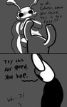 2_horns 2_panel_comic ambiguous_gender antennae_(anatomy) black_body black_eyes black_text dialogue duo exclamation_point eyebrows horn looking_at_another question_mark talking_to_another text white_head skeletorskeletonized hollow_knight team_cherry bretta_(hollow_knight) the_knight_(hollow_knight) arthropod beetle insect vessel_(species) 2020 comic digital_media_(artwork) english_text hi_res female_(lore)