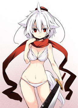 bikini breasts cleavage clothed clothing female gradient gradient_background grey_hair hair hat headgear headwear looking_at_viewer melee_weapon navel red_eyes red_scarf scarf side-tie_bikini simple_background solo string_bikini swimwear sword tokin_hat two-piece_swimsuit weapon white_hair matsuri_uta asian_mythology east_asian_mythology japanese_mythology mythology touhou momiji_inubashiri animal_humanoid canid canid_humanoid canine canine_humanoid canis humanoid mammal mammal_humanoid tengu wolf wolf_humanoid yokai