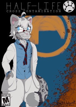 ambiguous_gender anthro big_ears blue_clothing blue_shirt blue_topwear bottomwear box_art clothing coat lab_coat loose_tie pants science_team scientist shirt slim solo text topwear whiskers white_bottomwear white_clothing white_pants vvitchpunk half-life valve felid mammal pantherine snow_leopard absurd_res english_text hi_res nonbinary_(lore)