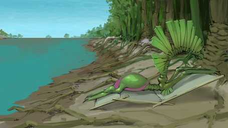 ambiguous_gender beach_chair bikini_thong clothed clothing feral green_body green_skin lying not_furry on_front pink_clothing pink_thong pink_underwear plant solo swamp swimwear thong thong_only topless underwear underwear_only unusual_anatomy water meandraco alien elemental_creature flora_fauna 16:9 hi_res widescreen