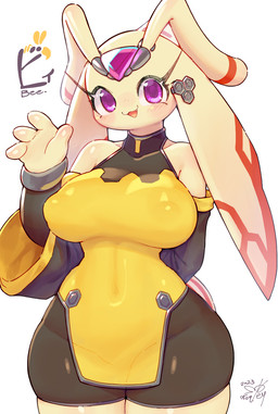 4_fingers accessory antennae_(anatomy) anthro biped blush blush_lines breasts clothed clothing eyelashes female fingers front_view fully_clothed gesture headgear long_ears long_eyelashes looking_at_viewer markings monotone_body nipple_outline open_mouth open_smile purple_eyes simple_background smile solo standing thick_thighs waving white_background wide_hips yellow_body yellow_clothing keyhat_tk10 arthropod bee hymenopteran insect 2023 dated digital_drawing_(artwork) digital_media_(artwork) hi_res signature