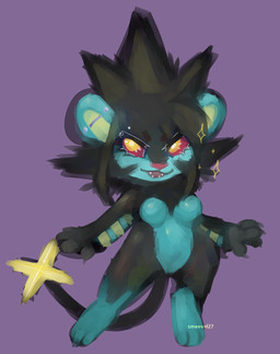 anthro black_body black_fur blue_body blue_fur breasts chibi claws countershade_face countershade_fur countershade_torso countershading ear_piercing female fur nude piercing purple_background red_sclera simple_background solo sparkles sparkling_eyes standing tail text wide_hips yellow_eyes smeevel27 nintendo pokemon felid generation_4_pokemon luxray mammal pokemon_(species) artist_name digital_media_(artwork) digital_painting_(artwork) hi_res painting_(artwork) shaded