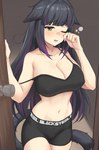 bangs big_breasts black_hair boy_shorts breasts clothed clothing colored_nails crop_top door ears_down emanata eyebrow_through_hair eyebrows female green_eyes hair highlights_(coloring) multicolored_hair nails navel nipple_outline off_shoulder opening_door pivoted_ears purple_hair rubbing_eye shirt solo tank_top tired topwear translucent translucent_hair underwear radioneet arknights hypergryph studio_montagne jessica_(arknights) animal_humanoid cat_humanoid felid felid_humanoid feline feline_humanoid humanoid mammal mammal_humanoid 2024 absurd_res hi_res