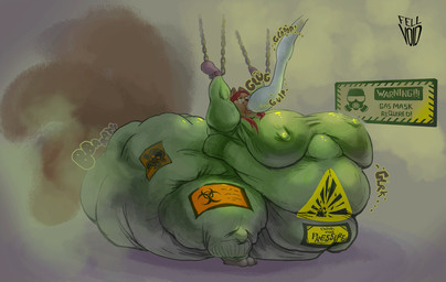 anthro belly belly_overhang bondage_gear bondage_gloves bound chain chained clothing fart fart_cloud female force_feeding forced handwear hazard_symbol latex latex_clothing overweight overweight_female rumbling_stomach solo symbol fellvoid alana_silverwind canid canine fox mammal hi_res