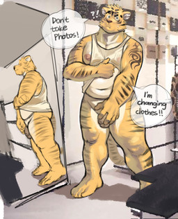 anthro balls belly bottomless changing_clothes changing_clothing clothed clothing covering covering_crotch covering_penis covering_self dialogue embarrassed flaccid foreskin fur genitals hair humanoid_genitalia humanoid_penis ineffective_cover male mirror mirror_reflection musclegut muscular muscular_anthro muscular_male navel nipples nude pecs penile penis pink_nipples question_mark raised_clothing raised_shirt raised_tank_top raised_topwear reflection shirt shirt_only slightly_chubby solo speech_bubble symbol tail talking_to_another tank_top tank_top_only text thick_thighs tight_foreskin topwear topwear_only undressing undressing_self djtaka felid feline mammal pantherine tiger digital_media_(artwork) english_text hi_res