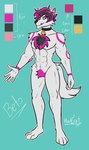 anthro chest_fur collar fur hair larger_male male muscular pink_body pink_eyes pink_fur pink_hair size_difference solo stronger white_body white_fur harucat canid canine canis mammal wolf absurd_res hi_res model_sheet