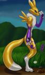 3_fingers anthro blue_eyes bottle claws clothing container cork earth facepalm female fingers flower fur gloves grass handwear hill label liquid paws planet plant rock sad sky solo splinters tattoo white_body white_fur wings yellow_body shinard bandai_namco digimon canid canine digimon_(species) fox mammal monster renamon 2017 digital_media_(artwork) hi_res