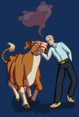 blush brown_body clothed clothing cloven_hooves duo ear_piercing ear_ring eyelashes eyes_closed female feral front_view fur heart_symbol hooves interspecies interspecies_romance male multicolored_body multicolored_fur piercing quadruped ring_piercing scratching simple_background smile swishing_tail tail tail_tuft transparent_background tuft two_tone_body two_tone_fur walking badday_(artist) bovid bovine cattle human mammal aliasing alpha_channel binary_drawing digital_drawing_(artwork) digital_media_(artwork) hi_res