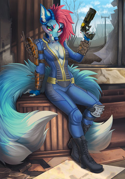 5_fingers anthro blue_body blue_fur blue_nose boots breasts cleavage clothed clothing curved_horn day detailed_background female fingers footwear fur gun hair heterochromia holding_gun holding_object holding_ranged_weapon holding_weapon horn inside multi_tail pink_hair ranged_weapon shoes sky solo tail tongue vault_suit weapon sorafoxyteils fallout microsoft sora_(sorafoxyteils) canid canine demon fox mammal 2017 digital_media_(artwork) hi_res