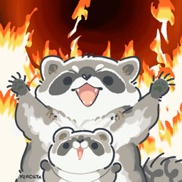 black_eyes black_nose chibi dot_eyes duo feral fire grey_body open_mouth pawpads simple_eyes white_body yencatx mammal procyonid raccoon 1:1 2022 animated