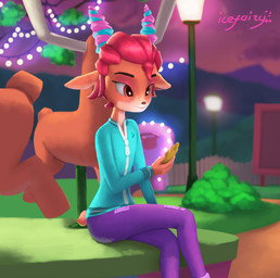 amber_eyes amusement_park anthro bottomwear clothed clothing denim denim_bottomwear denim_clothing detailed_background electronics female hair jeans lights looking_at_object looking_at_phone pants patch_(fabric) phone pink_hair sitting solo street_lamp tracksuit icefairy64 soyuzmultfilm well_just_you_wait! ulya_(wjyw) deer mammal new_world_deer roe_deer absurd_res hi_res