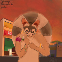 anthro background_text dahlia_(flower) eyewear flower fur gardenia_(flower) glasses male plant rubber_band sky sobbing solo text tulip_(flower) wearing_glasses xiaril bassariscus bassariscus_astutus mammal procyonid ring-tailed_cat absurd_res colored digital_media_(artwork) hi_res sketch spanish_text