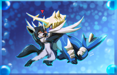abstract_background ambiguous_gender anthro anthrofied blush duo exclamation_point female feral hug quadruped simple_background size_difference tail year saiori nintendo pokemon fan_character kura_(shadoweon) generation_3_pokemon generation_5_pokemon mammal mightyena pokemon_(species) samurott 2010 colored digital_drawing_(artwork) digital_media_(artwork)