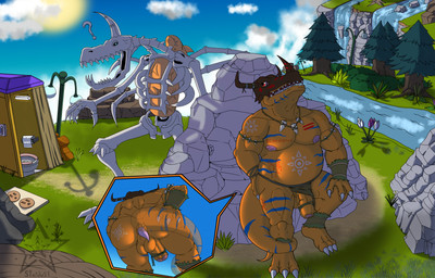 3_fingers 3_toes accessory anus barazoku belly bone bottomwear bottomwear_aside butt claws clothing clothing_aside fang_necklace fangs feces feet fingers foreskin genitals loincloth loincloth_aside markings musclegut muscular nipples penis pooping skeleton slightly_chubby tail teeth toes toilet tribal tribal_markings fafnir_stardust_(artist) bandai_namco digimon digimon_(species) dinosaur greymon prehistoric_species reptile scalie skullgreymon undead hi_res