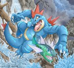 2022 3_toes 5_fingers absurd_res ambiguous_gender basculin blue-striped_basculin blue_body blue_eyes claws cloud detailed_background duo feet feraligatr fingers generation_2_pokemon generation_5_pokemon green_body hi_res katkichi lightening nintendo open_mouth plant pokemon pokemon_(species) rock signature teeth toe_claws toes tongue tree water waterfall yellow_eyes