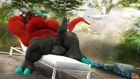 abs anthro balls bedding big_balls big_muscles big_pecs big_penis black_legs blanket blue_claws blue_eyebrows bodily_fluids bracelet chair claws cum cum_drip dripping eyebrows furniture gate genital_fluids genitals horn huge_pecs huge_penis humanoid_genitalia humanoid_penis jewelry light light_beam logo lounge_chair lying male multicolored_body muscular musk nipples on_back parasol pecs penis pillow plant proud public public_nudity purple_eyes raised_arm red_arms red_chest red_nipples solo spiked_bracelet spikes spikes_(anatomy) sunbeam sunlight sweat tail two_tone_body vein veiny_penis wet yellow_sclera moonwulf sega sonic_the_hedgehog_(series) the_deadly_six zavok humanoid mammal zeti 16:9 2026 3d_(artwork) artist_logo digital_media_(artwork) hi_res source_filmmaker_(artwork) widescreen