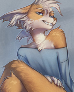 ambiguous_gender anthro biped claws clothed clothed_ambiguous clothed_anthro clothing countershade_torso countershading fingers front_view fur hair looking_at_viewer simple_background sitting smile solo teeth topwear yshanii canid canine mammal 2026 digital_drawing_(artwork) digital_media_(artwork) hi_res