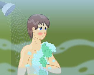 ambiguous_gender bathing blue_eyes blush brown_hair bubble duo hair male on_model shower shower_head showering soap_pony steam suds badumsquish hasbro my_little_pony anon fan_character generic_messy_hair_anime_anon equid equine horse human mammal pony 2015 absurd_res hi_res lol_comments