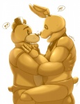 anthro bow_(feature) bow_tie button_(fastener) clothing duo eyes_closed glowing glowing_eyes hat headgear headwear heart_symbol hug machine male romantic romantic_couple top_hat touching_noses atlas-white five_nights_at_freddy's five_nights_at_freddy's_3 scottgames fredbear_(fnaf) spring_bonnie_(fnaf) animatronic bear lagomorph leporid mammal rabbit robot