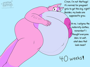 anthro areola arm_hair belly belly_expansion bent_leg big_areola big_belly big_breasts big_nipples body_hair breast_expansion breasts chubby_cheeks covering covering_crotch covering_self curvy_figure dialogue expansion eyebrows eyeliner female fur grey_body grey_fur hand_on_belly hand_on_own_belly head_tuft huge_areola huge_belly huge_breasts huge_nipples hyper hyper_areola hyper_nipples hyper_pregnancy inverted_nipples linea_nigra looking_at_viewer lying makeup monotone_background navel nipples nude on_side outie_navel overweight overweight_anthro overweight_female pink_body pink_fur pink_nipples pink_nose pregnant pregnant_anthro pregnant_female puffy_areola puffy_nipples purple_body purple_eyes purple_fur simple_background solo striped_body stripes text thick_thighs tuft voluptuous wide_hips worried worried_look mamafoxtrot mayternity mayternity_2025 aria_(mamafoxtrot) canid canine canis domestic_dog fox hybrid mammal procyonid raccoon wolf 4:3 absurd_res english_text flat_colors hi_res watermark